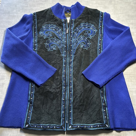 Bob Mackie Wearable Art Jackets & Blazers - Bob Mackie Wearable Art Leather Embroidered Zip Jacket Blue Black Women's  1X